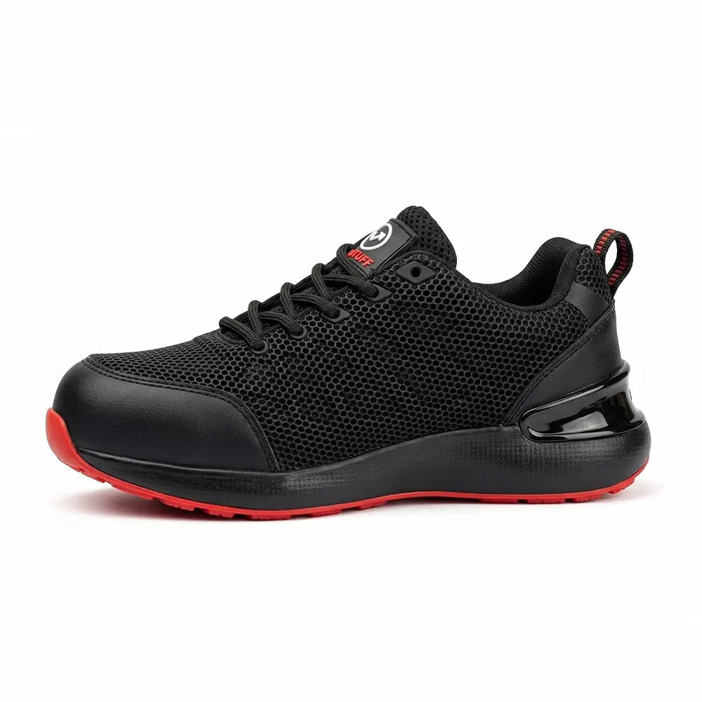 TruTuff Glide side profile — air cushion heel, red EVA rubber dual outsole, lightweight safety shoe India