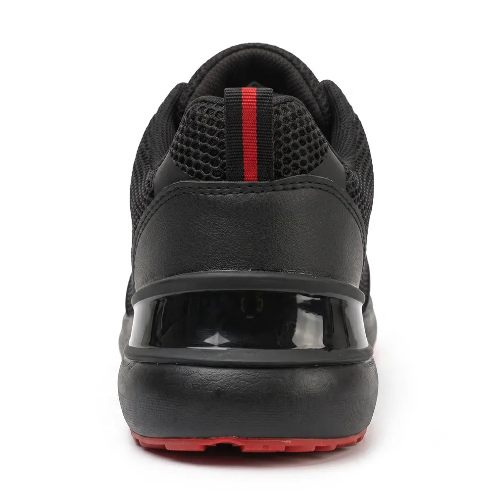 TruTuff Glide back view — red pull tab, breathable mesh, EVA rubber outsole safety shoe