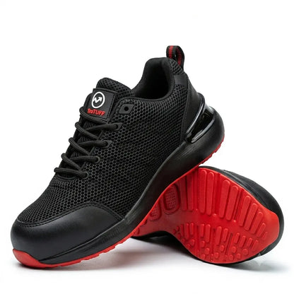 TruTuff Glide pair shot — black safety shoes with red sole, IS 15298 certified steel toe shoes for men