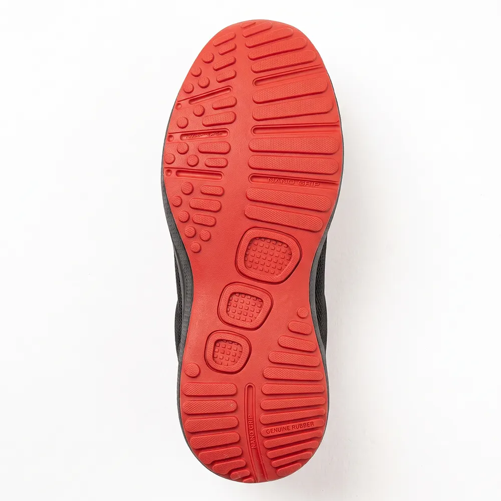 TruTuff Glide Nano Grip rubber sole — red anti-slip outsole with deep tread channels, oil resistant