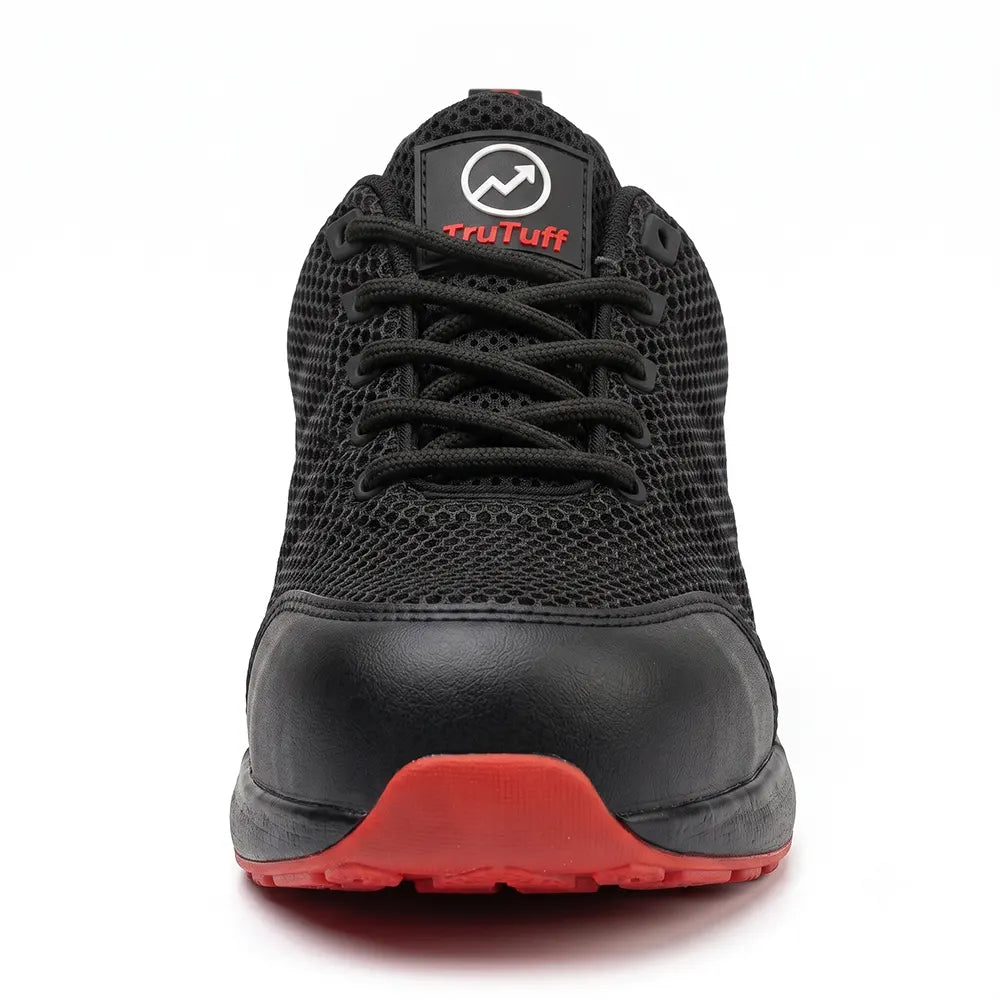 TruTuff Glide front view — wide steel toe cap and hexagonal mesh upper safety shoe
