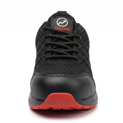 TruTuff Glide front view — wide steel toe cap and hexagonal mesh upper safety shoe