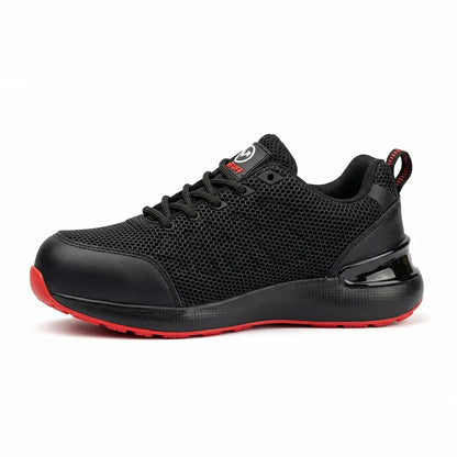 TruTuff Glide side profile — air cushion heel, red EVA rubber dual outsole, lightweight safety shoe India