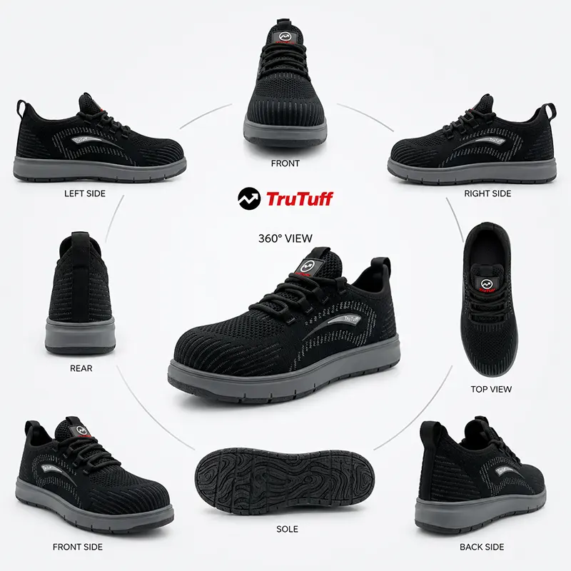 TruTuff Volt 360 pair shot — black knit composite toe safety shoes for electricians and industrial workers, Made in India