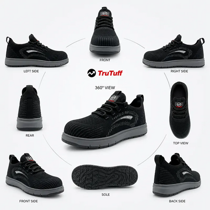 TruTuff Volt 360 pair shot — black knit composite toe safety shoes for electricians and industrial workers, Made in India