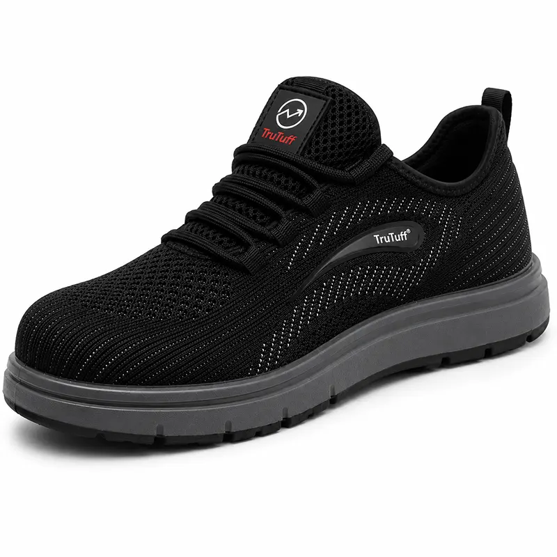 TruTuff Volt safety shoes hero image — black knit composite toe electrical hazard safe safety shoe for men, 3/4 angle view