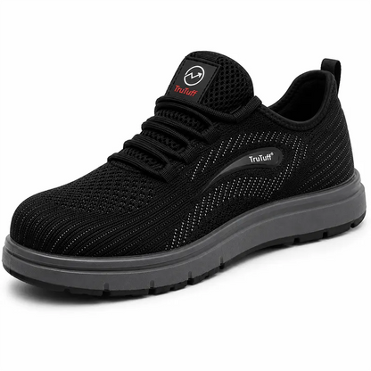 TruTuff Volt safety shoes hero image — black knit composite toe electrical hazard safe safety shoe for men, 3/4 angle view