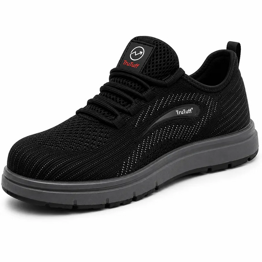TruTuff Volt safety shoes hero image — black knit composite toe electrical hazard safe safety shoe for men, 3/4 angle view