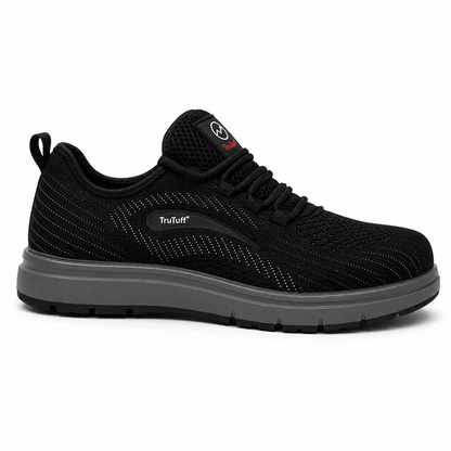 TruTuff Volt side view — breathable knit upper, grey anti-slip rubber outsole, composite toe safety shoe India